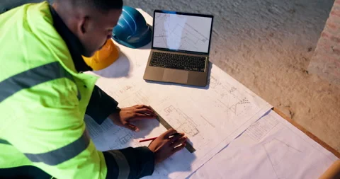 Man, architect or writing with blueprint or laptop for construction planning or Stock Footage 337152572