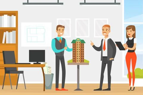 Man Architect Presenting Architectural Model or Maquette of Future Building Ilustración de archivo