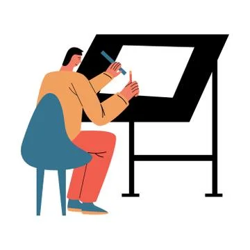 Man architect sitting backwards and making project with measures and ruler Stock Illustration