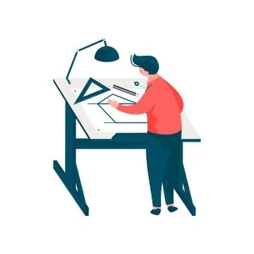 Man Architect Sitting at Desk Working on Blueprint Building Plan, Male Ilustración de archivo