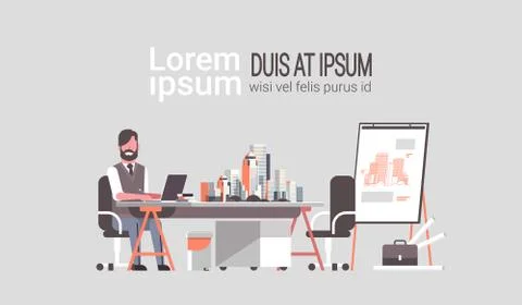 Man architect sitting workplace engineer working on laptop at new house Stock Illustration