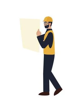 Man architect standing and looking project blueprint Stock Illustration