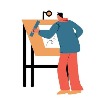 Man architect standing backwards and drawing sketch during work Stock Illustration