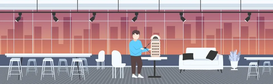 Man architect using compass engineer drafting new building city model urban Ilustración de archivo