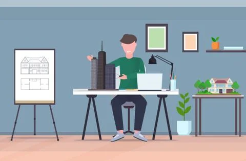 Man architect using compass engineer drafting new building city model urban Ilustración de archivo