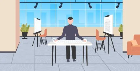 Man architect working with blueprint engineer drafting new building model urban Ilustración de archivo