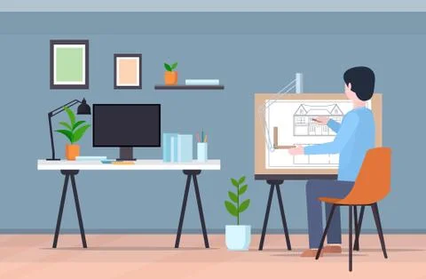 Man architect at workplace engineer drafting house project on adjustable drawing Illustrazione stock