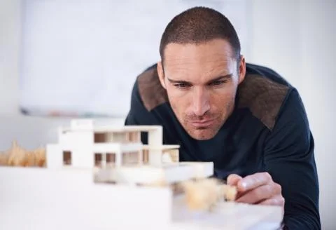 Man, architecture and model building or planning house renovation or 3d designer Fotos de archivo