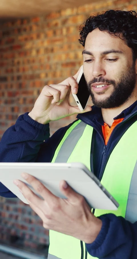 Man, architecture and tablet with phone call for planning construction project, Stock Footage 337021546