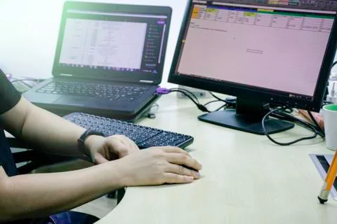 Man are working with computer in office, Empty screen computer for create you Foto stock