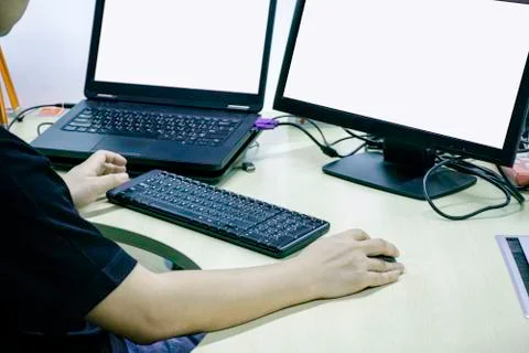 Man are working with computer in office, Empty screen computer for create you Stock Photos