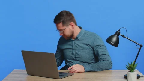 Man arguing talking on laptop conversation by webcam, quarrels, expresses a Stock Footage 296601897