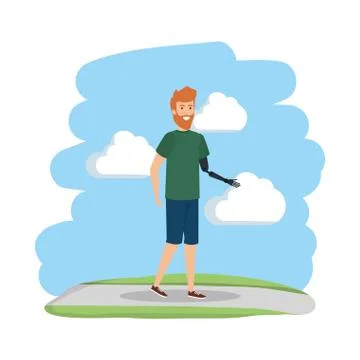 Man with arm prosthesis character Illustrazione stock
