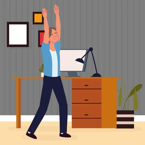 Man with arms up active break Stock Illustration