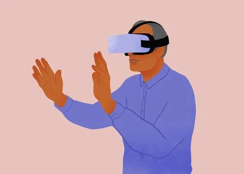 Man with arms outstretched using VR headset on pink background 스톡 일러스트