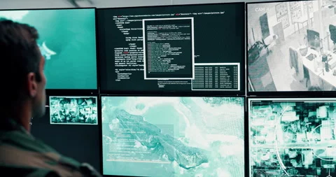 Man, army and computer screen for security surveillance, military air control Stock Footage 303556377