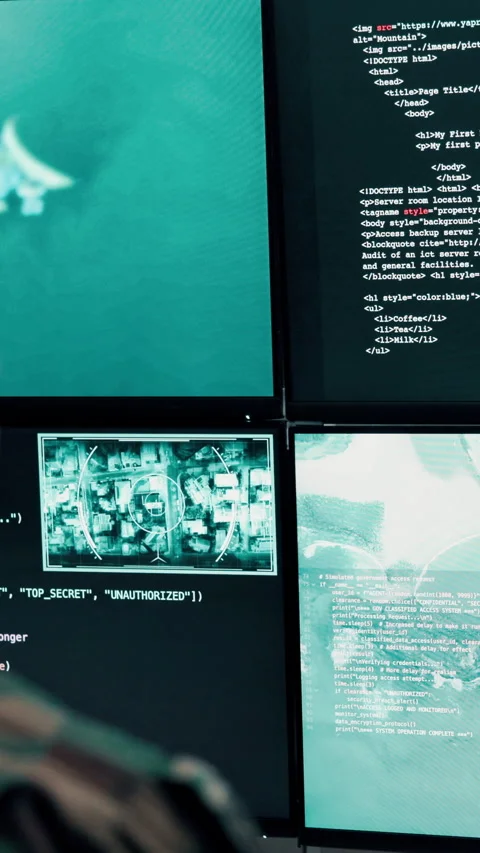Man, army or surveillance with code in control room for nuclear warfare or Video stock 335277837