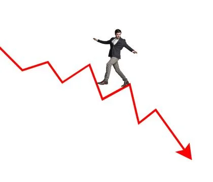 Man, arrow and graph decrease in studio, stock market broker and financial loss 스톡 사진