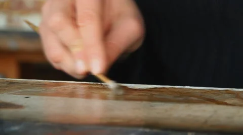 Man Artist, Working in the Studio, Restores the Icon of the Orthodox Saint, Stock Footage 65228013