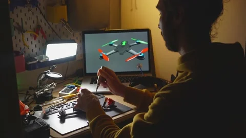Man assemble FPV drone on workbench at home Video stock 149971483