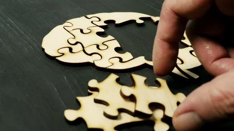 A man is assembling a brain model from puzzles. Stock Footage