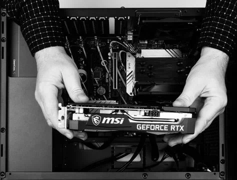 Man assembling computer, holding new msi geforce rtx graphics card Stockfoto's
