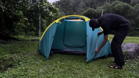 Man Assembling Dome Tent, Grassy Forest Campsite, Outdoor Activity Stock Footage 324502019