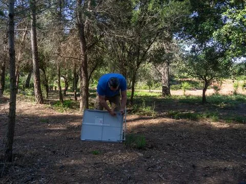 Man Assembling Picnic Table in the Forest Stock Photos