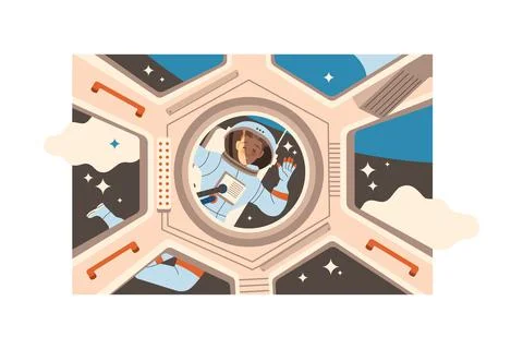 Man Astronaut Character in Outer Space in Spacesuit Looking in Porthole of Illustrazione stock