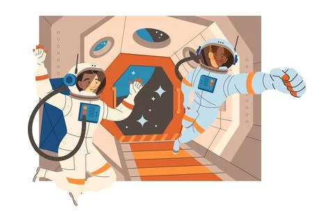 Man Astronaut Character in Outer Space in Spacesuit Flying on Space Shuttle Stock Illustration