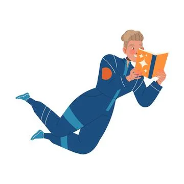 Man Astronaut Character in Space Flying in the Air Reading Book Vector 库存插图