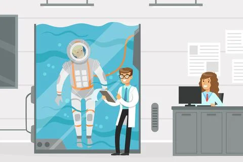 Man Astronaut Preparing for Space Flight Plunging Into Water Basin in Spacesuit Stock Illustration