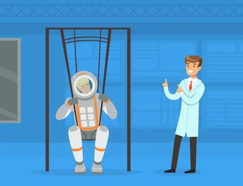 Man Astronaut Preparing for Space Flight on Swings Simulator in Laboratory with Stock Illustration