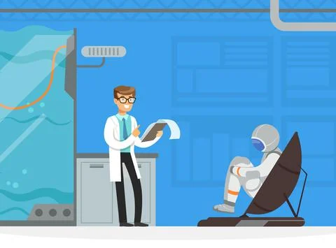 Man Astronaut Preparing for Space Flight on Simulator in Laboratory with Stock Illustration