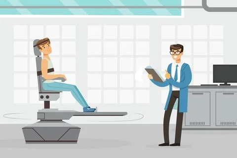 Man Astronaut Preparing for Space Flight Sitting in Chair Engaged in Testing Stock Illustration