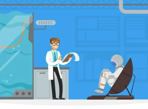 Man Astronaut Preparing for Space Flight on Simulator in Laboratory with Stock Illustration