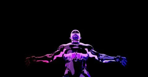 A man with an athletic body, made of red and blue glass.  On a black background. Illustrazione stock