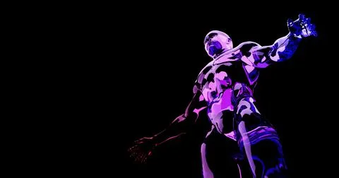 A man with an athletic body, made of red and blue glass.  On a black background. Illustrazione stock