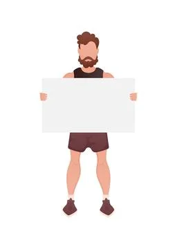 A man of athletic build stands in full growth and holds a blank sheet in hi.. Stock Illustration