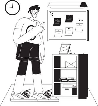 Man attaching notes using pins to board illustration Stock Illustration