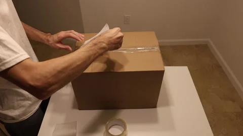 Man attaching postal label to cardboard box Stock Footage 327067301