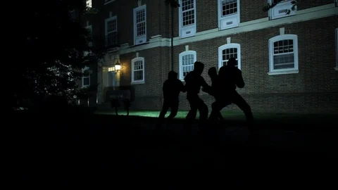 Man Attacked by Gang in Silhouette at Night Stock Footage