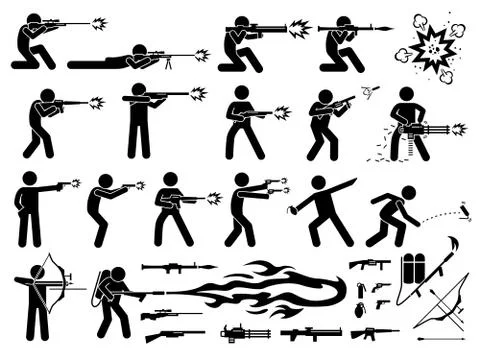 Man attacks with various type of modern warfare weapons. Stock Illustration