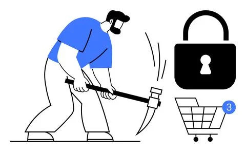 Man attempting to hack a secure online shopping cart with a pickaxe, lock i.. Stock Illustration