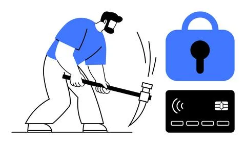 Man Attempting to Hack Secured Digital Information with a Hammer Stock Illustration