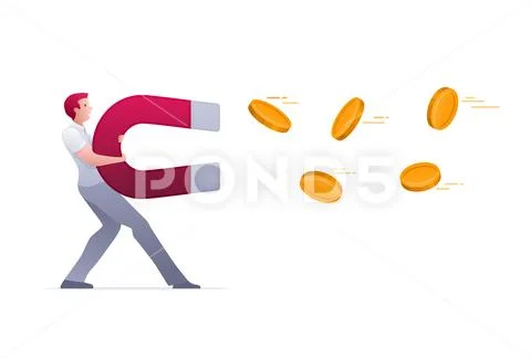 Man attracting coins with a big magnet. Stock Illustration