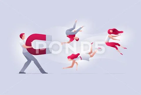 A man attracts people with a big magnet. Stock Illustration