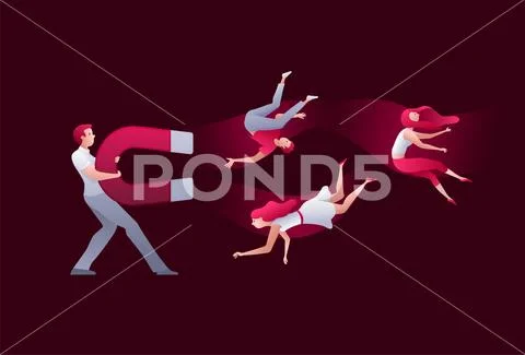 A man attracts people with a big magnet. Stock Illustration