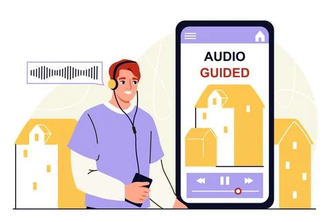 Man with audio guide. Young guy with smartphone in his hands. Information and Stock Illustration
