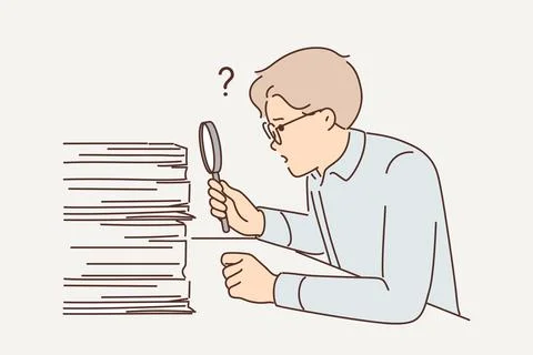 Man auditor looking for errors in financial statements by looking through pile Stock Illustration